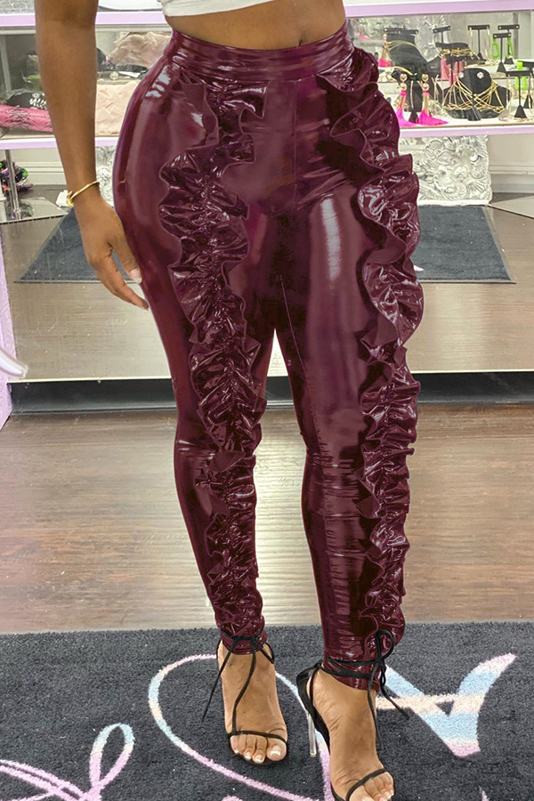 

Lovely Trendy Flounce Design Wine Red Pants