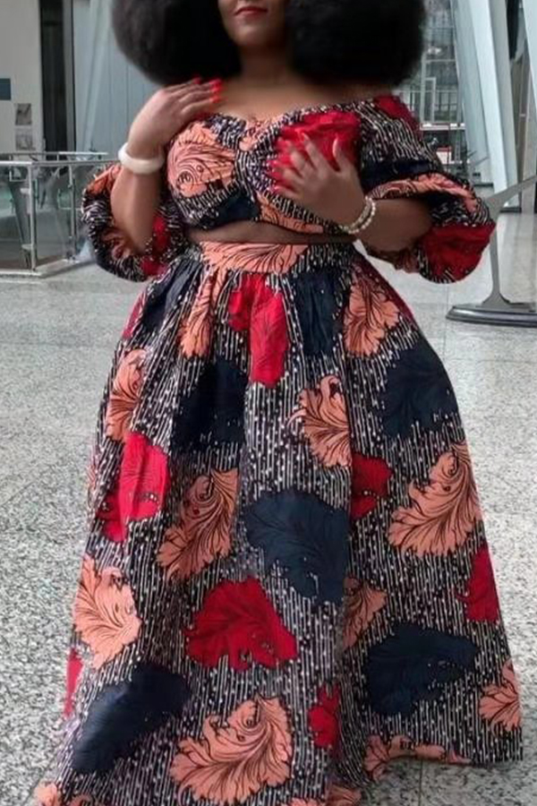 

Lovely Casual Loose Print Red Plus Size Two-piece Skirt Set