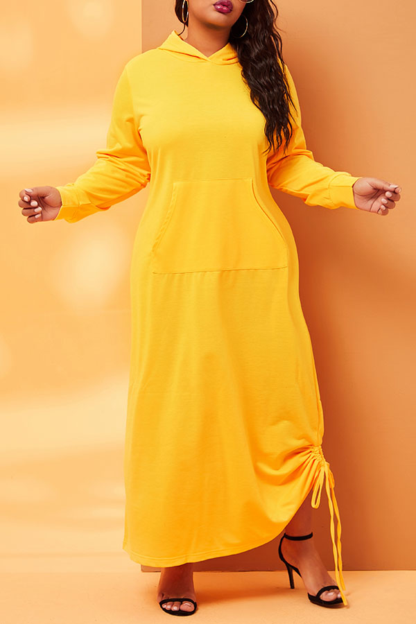

Lovely Trendy Hooded Collar Loose Yellow Ankle Length Plus Size Dress