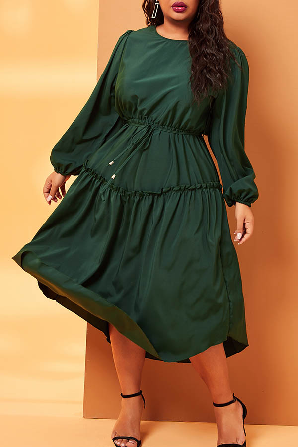 

Lovely Casual Patchwork Green Mid Calf Plus Size Dress