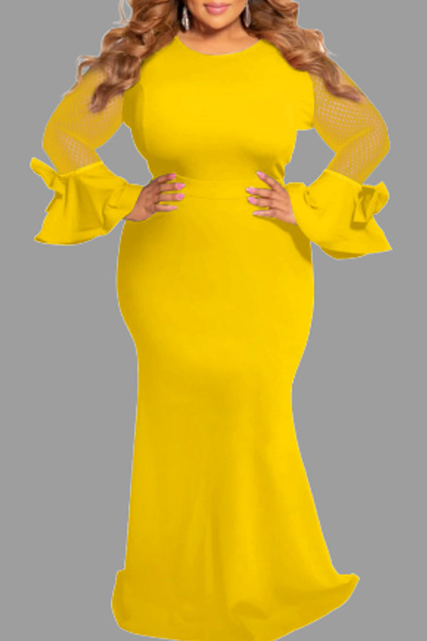 

Lovely Casual Patchwork Yellow Floor Length Plus Size Dress