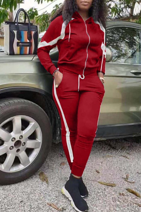 

Lovely Casual Hooded Collar Patchwork Red Two-piece Pants Set