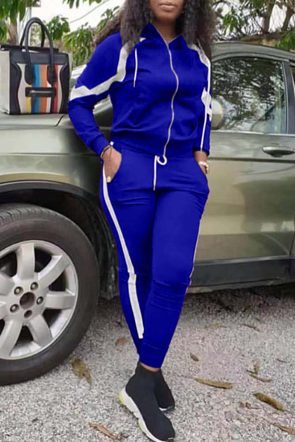 

Lovely Casual Hooded Collar Patchwork Blue Two-piece Pants Set