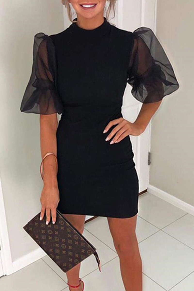 

Lovely Sweet O Neck Patchwork Black Mini Dress