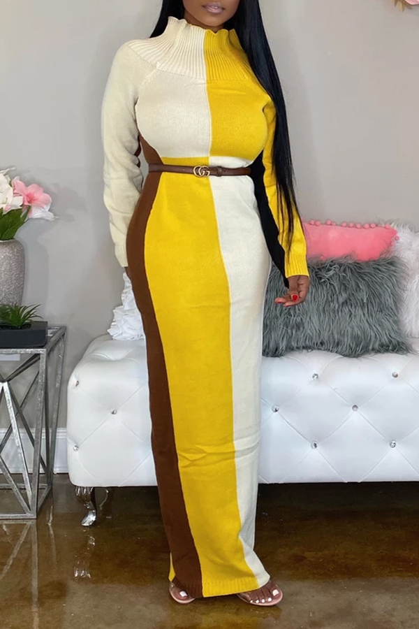 Lovely Trendy Color-lump Patchwork Yellow Ankle Length Dress