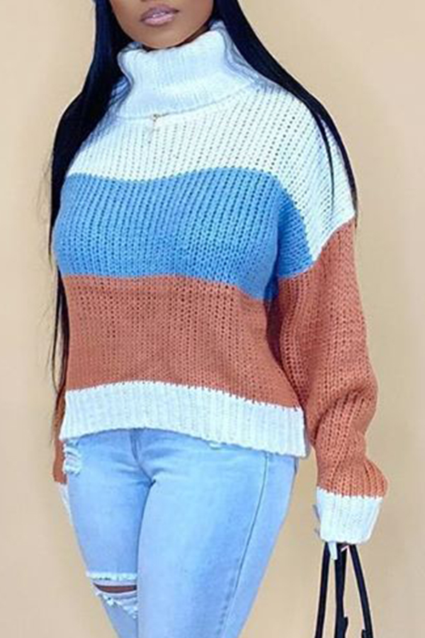 

Lovely Casual Turtleneck Striped Light Coffee Sweater