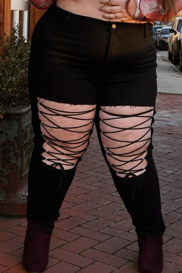 

Lovely Casual Hollow-out Black Jeans