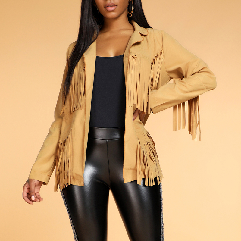 

Lovely Casual Tassel Design Khaki Coat