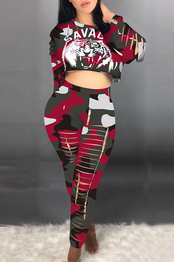 

Lovely Sexy Crop Top Print Wine Red Two-piece Pants Set