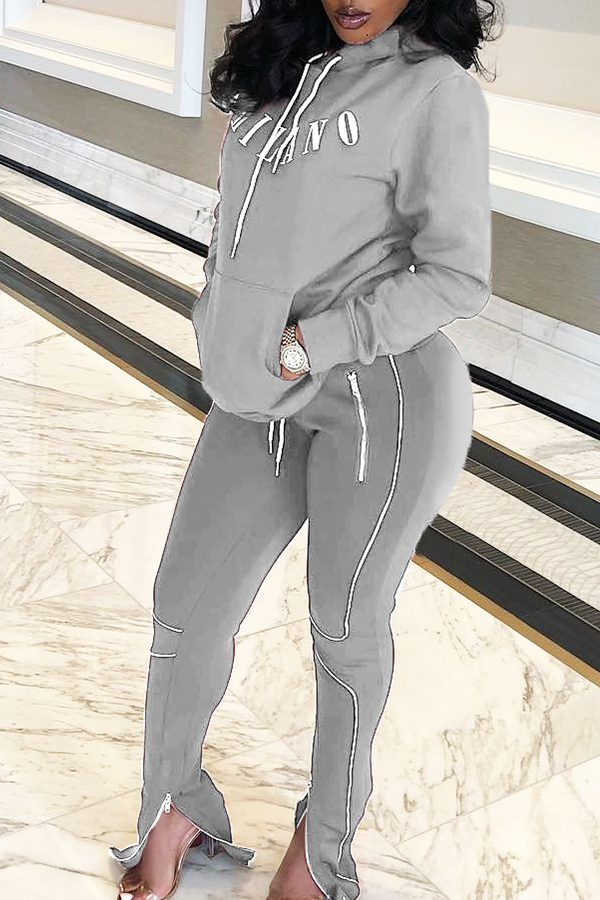 

Lovely Casual Letter Zipper Design Grey Two-piece Pants Set