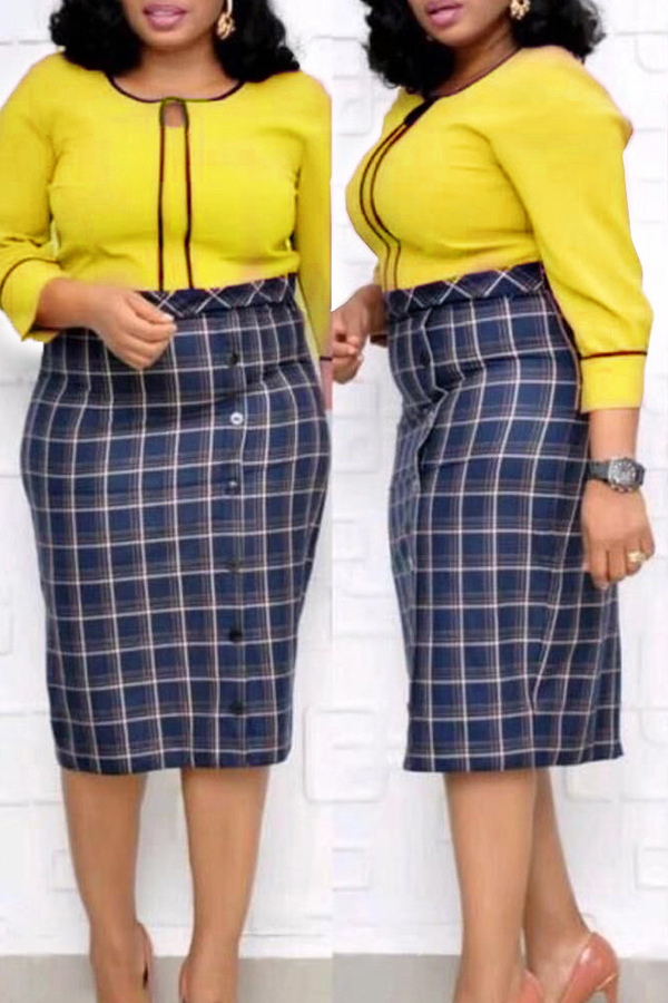 

Lovely Trendy Plaid Print Yellow Knee Length Plus Size Dress
