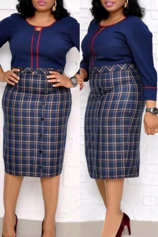 

Lovely Trendy Plaid Print Dark Blue Knee Length Plus Size Dress