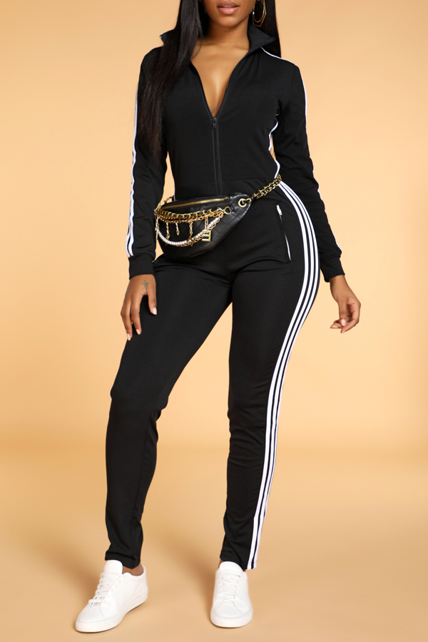 

Lovely Trendy Striped Skinny Black One-piece Jumpsuit