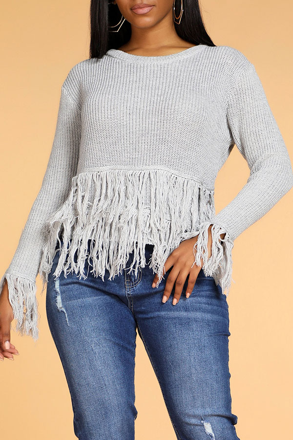 

Lovely Trendy Tassel Design Grey Sweater