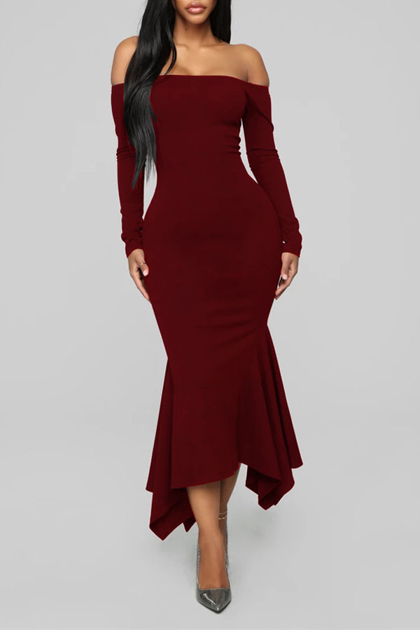 

Lovely Sweet Dew Shoulder Skinny Wine Red Ankle Length Dress