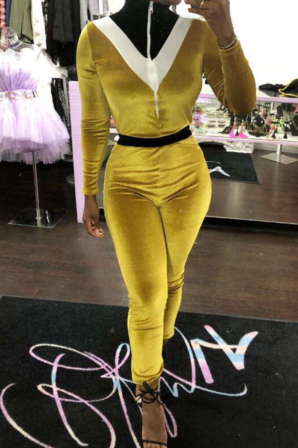 

Lovely Sexy Patchwork Yellow One-piece Jumpsuit
