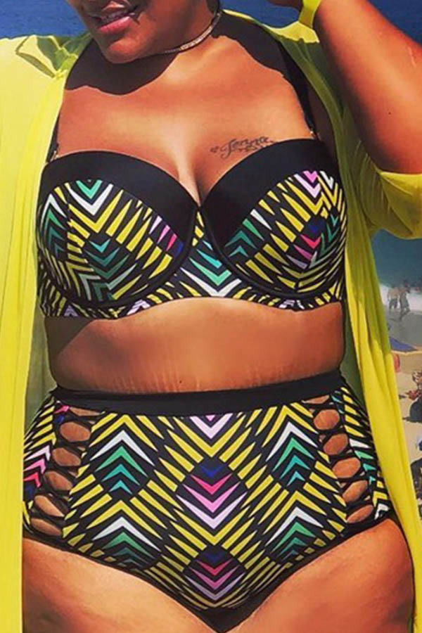 Lovely Print Yellow Plus Size Two-piece Swimwear