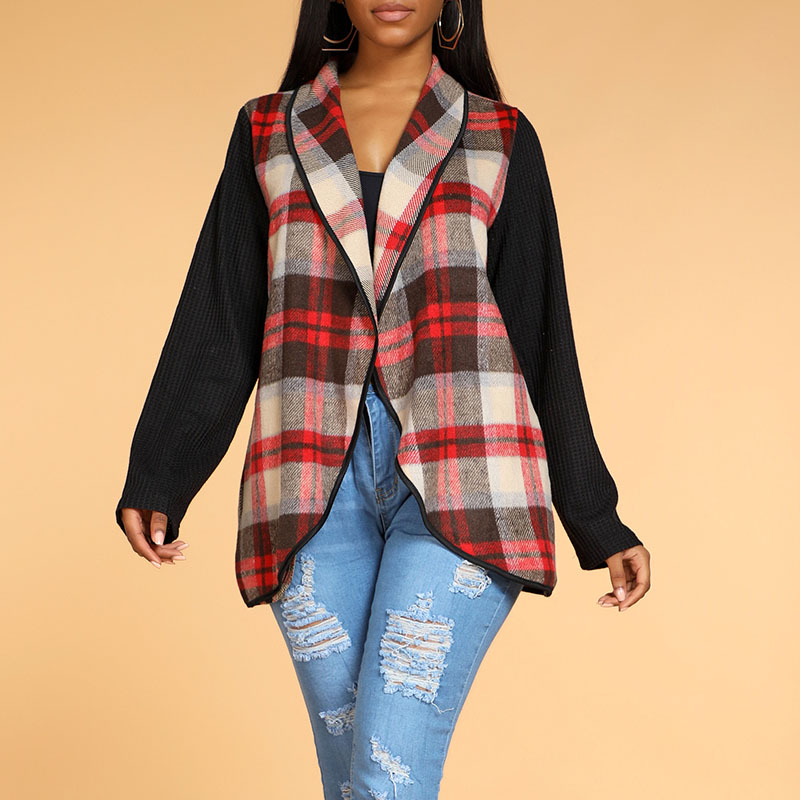 Lovely Casual Plaid Print Red Coat