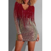 Lovely Casual Sequined Patchwork Red Mini Dress