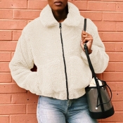 Lovely Casual Basic Zipper Design White Coat