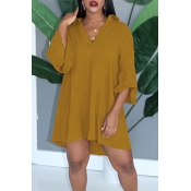 Lovely Casual V Neck Loose Yellow Mini Dress
