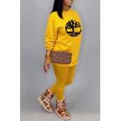 Lovely Casual O Neck Printed Yellow Two-piece Pant