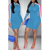 Lovely Casual Patchwork Blue Mini Dress