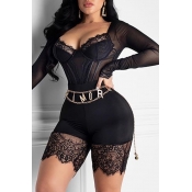 Lovely Sexy See-through Patchwork Black One-piece 