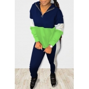 Lovely Casual Color-lump Patchwork Blue Two-piece 