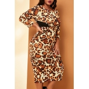 Lovely Trendy Leopard Printed Mid Calf Plus Size D