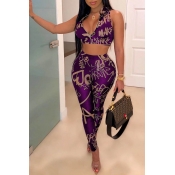Lovely Sexy Sleeveless Printed Purple Two-piece Pa