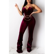 Lovely Casual Ruffle Design Wine Red One-piece Jum