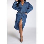 Lovely Trendy Buttons Design Loose Blue Coat