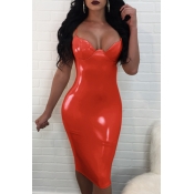 Lovely Sexy V Neck Skinny Red PU Knee Length Dress