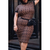 Lovely Casual Printed Brown Knee Length Plus Size 