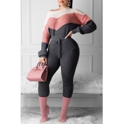 Lovely Trendy Color-lump Patchwork Pink Two-piece 