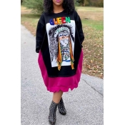 Lovely Trendy O Neck Patchwork Multicolor Mid Calf