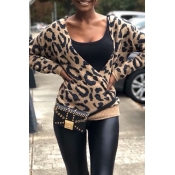 Lovely Casual V Neck Leopard Brown Sweater