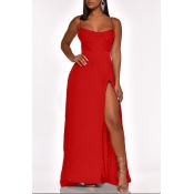 Lovely Party Side High Slit Red Evening Dress