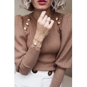 Lovely Casual Buttons Design Khaki Sweater