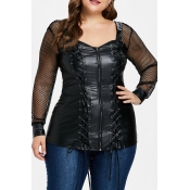 Lovely Casual V Neck See-through Black Plus Size B