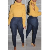 Lovely Casual Turtleneck Hollow-out Yellow Sweater