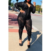 Lovely Sexy Zipper Design Black Plus Size One-piec