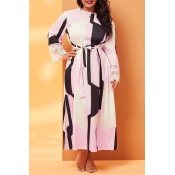 Lovely Casual O Neck Print Pink Mid Calf Plus Size
