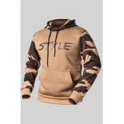 Lovely Casual Patchwork Camo Khaki Hoodie