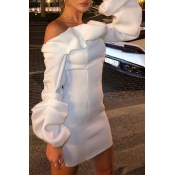 Lovely Sweet Flounce Design White Mini Dress