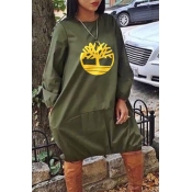 Lovely Casual Print Loose Green Knee Length Dress