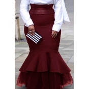 Lovely Casual Patchwork Wine Red Plus Size Skirt