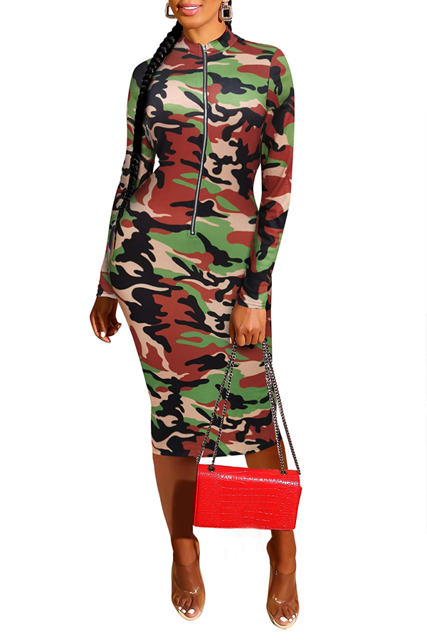 

Lovely Trendy Camo Orange Knee Length Dress, Coffee