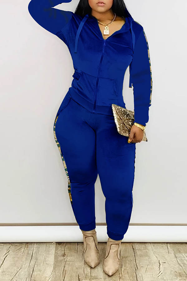 

Lovely Casual Hooded Collar Patchwork Blue Two-piece Pants Set